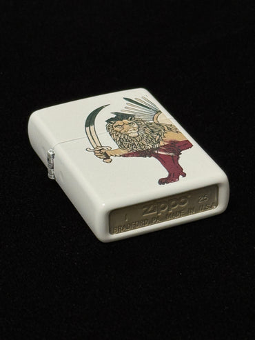 White lighter with Lion and Sun design over the map of Iran