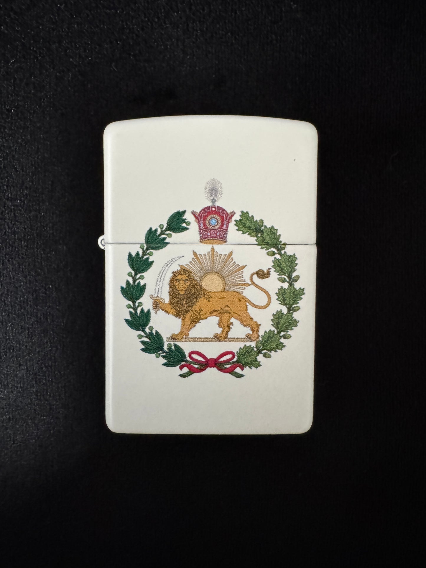 White lighter with a Crowned Lion and Sun emblem, Pahlavi Crown,