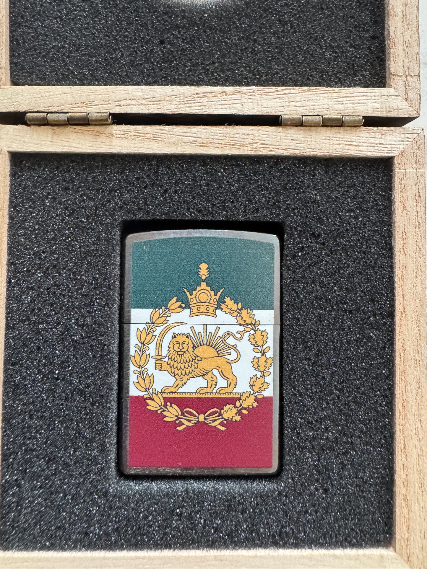 Royal Pahlavi Lion and Sun Zippo lighter with crown detail, tricolor flag design, and silver-tone back