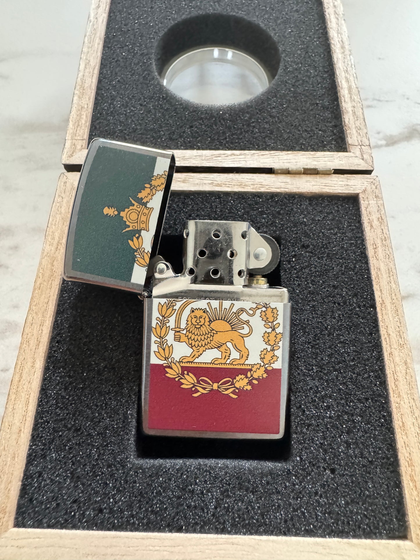 Royal Pahlavi Lion and Sun Zippo lighter with crown detail, tricolor flag design