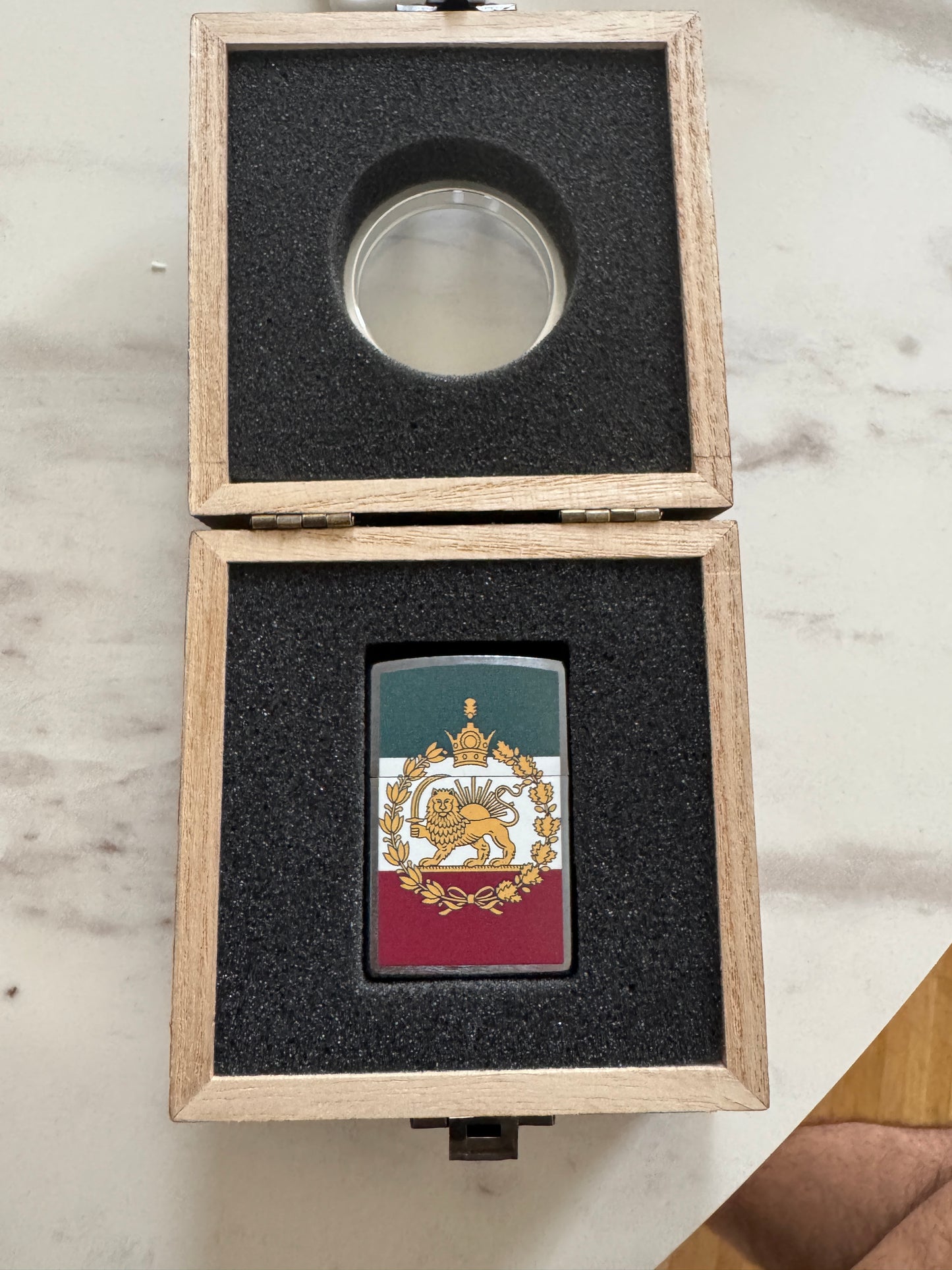 Royal Pahlavi Lion and Sun Zippo lighter with crown detail, tricolor flag design, 