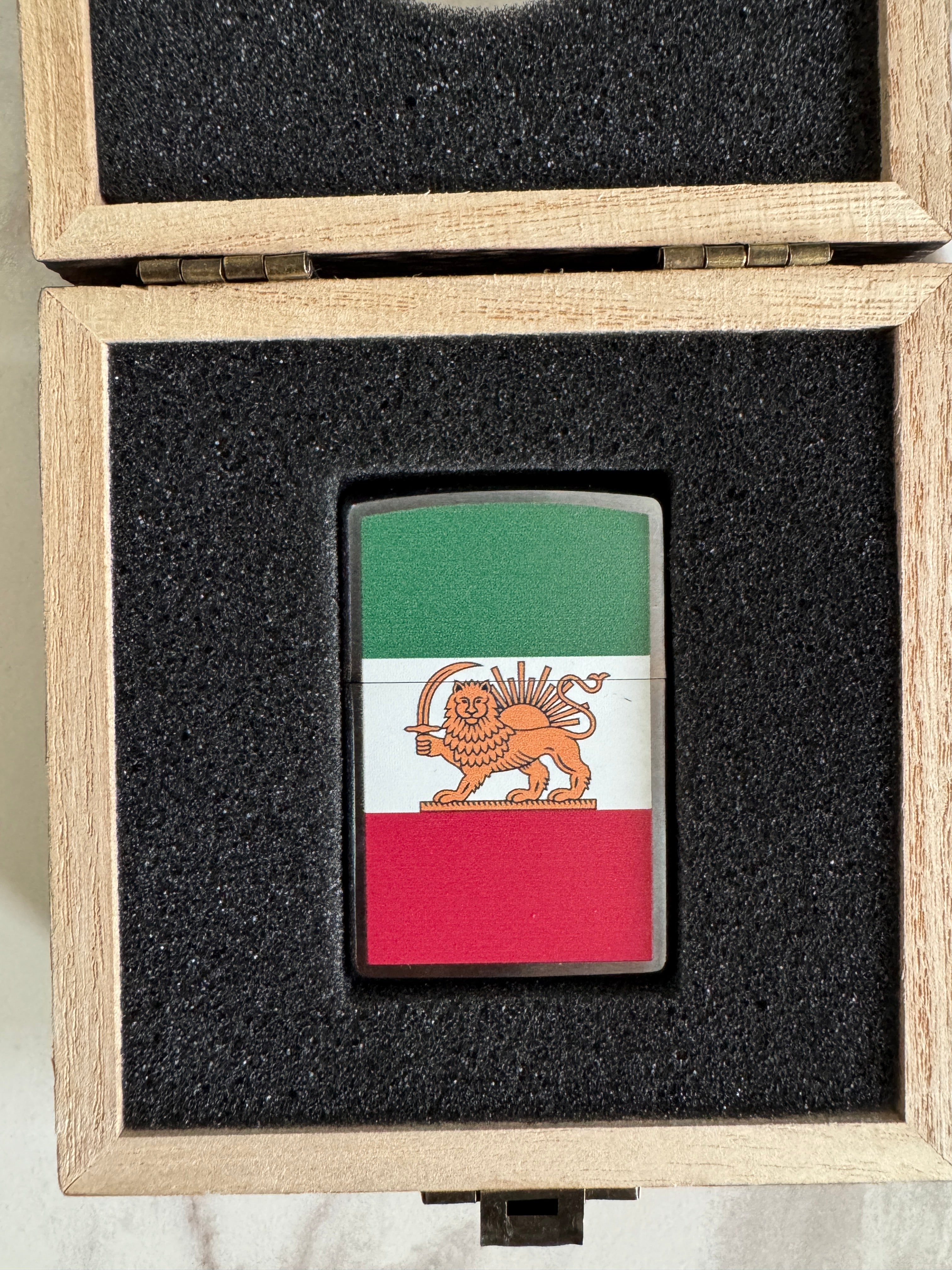 Imperial Lion and Sun Zippo lighter with green white red tricolor flag design