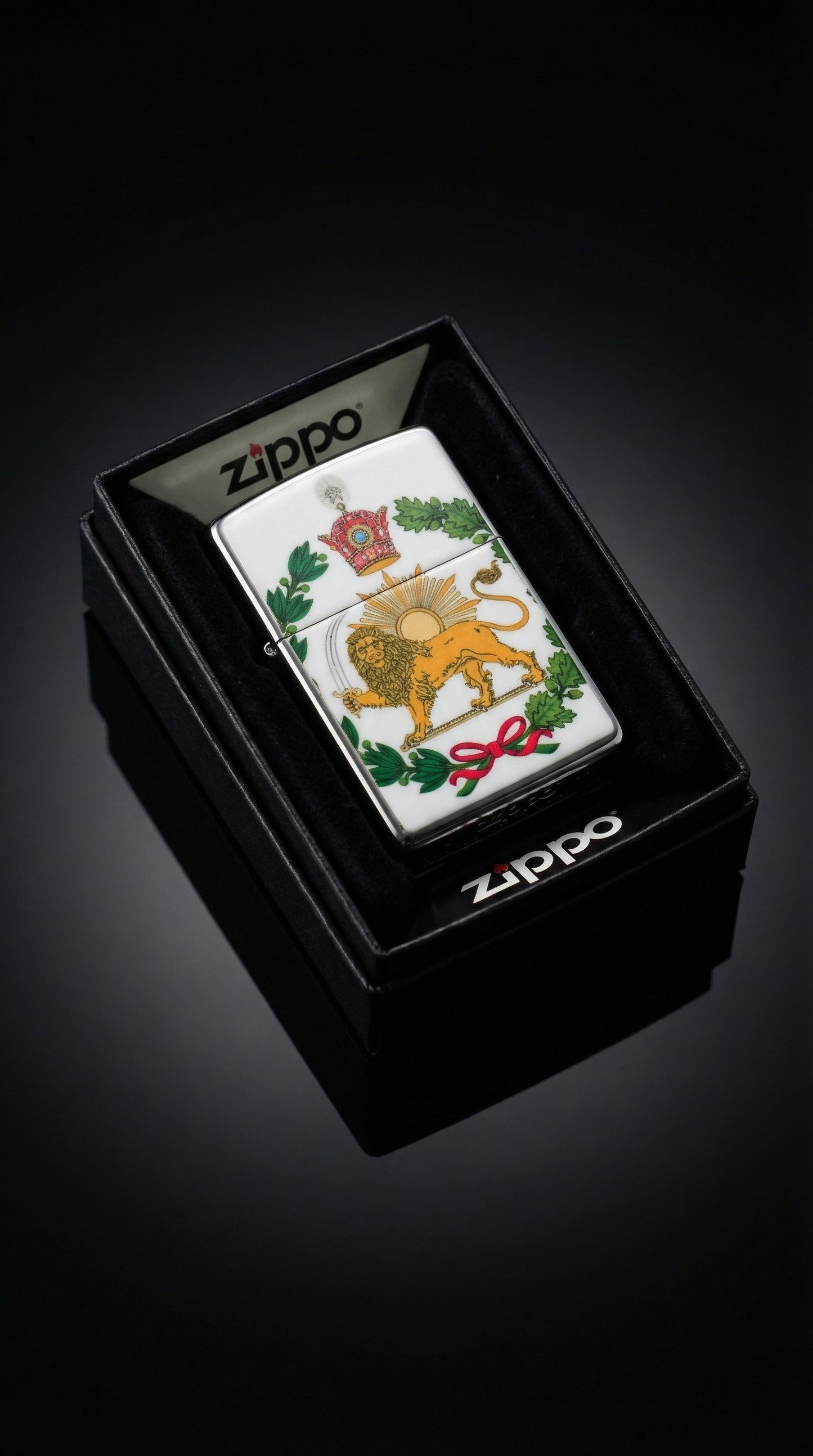 Matte White Lion& Sun Zippo – Pahlavi Crown Edition