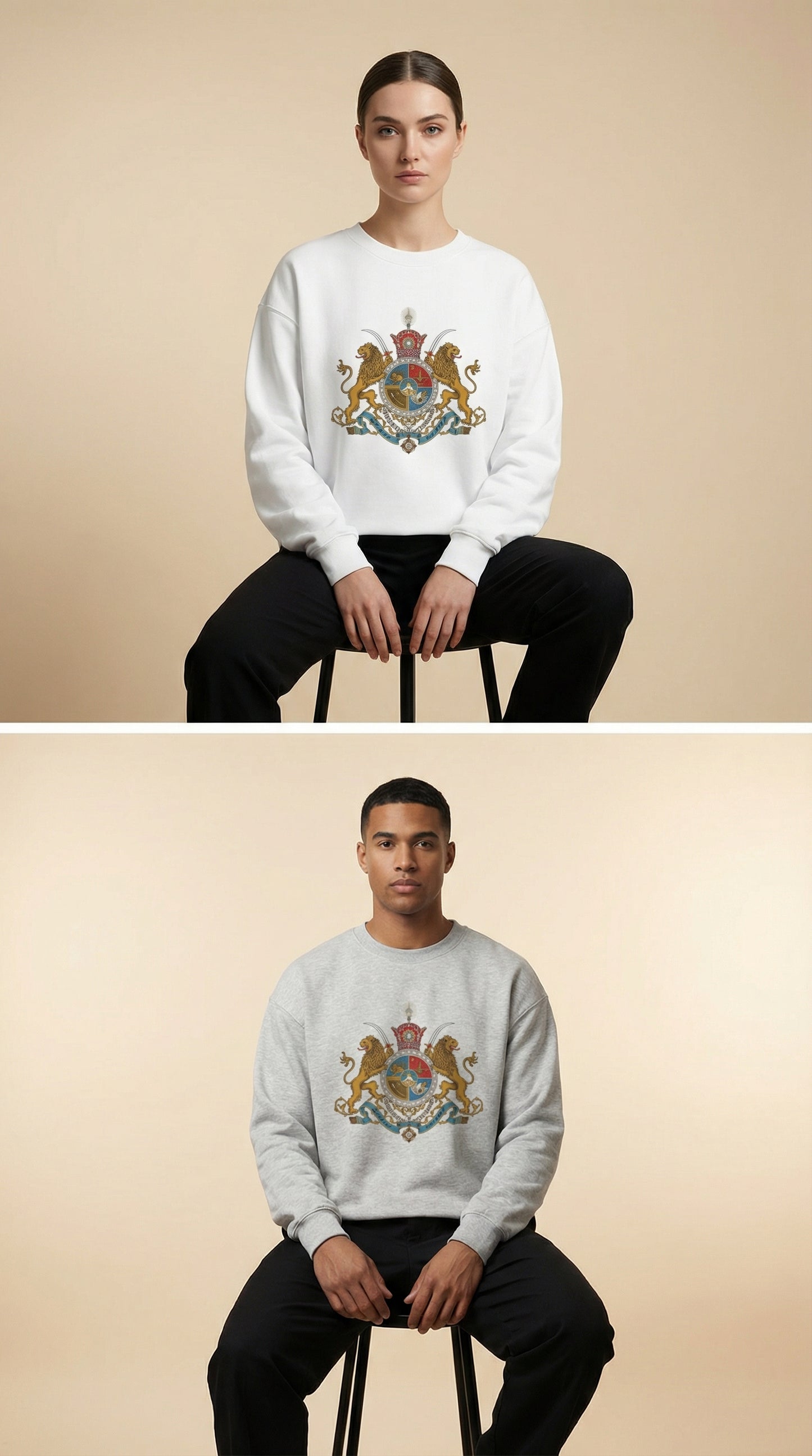 Two people wearing sweatshirts with a crest design on a beige background